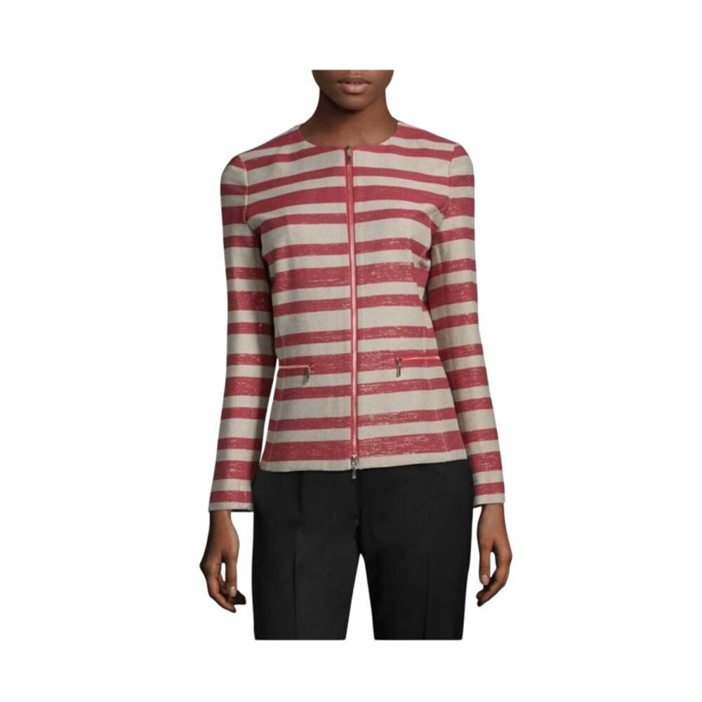 Lafayette 148 New York Kerrington Tan & Red Striped Double Zipper Jacket Large